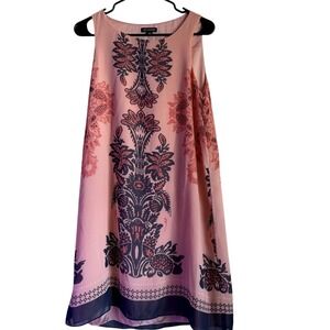 Max Edition Pink Navy Damask Print Sleeveless Chiffon Shift Mini Dress Womens‎ M